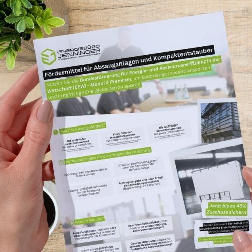 Allgemeiner Flyer um die Fördermöglichkeiten für Absauganlagen und Kompaktentstauber plakativ zu bewerben