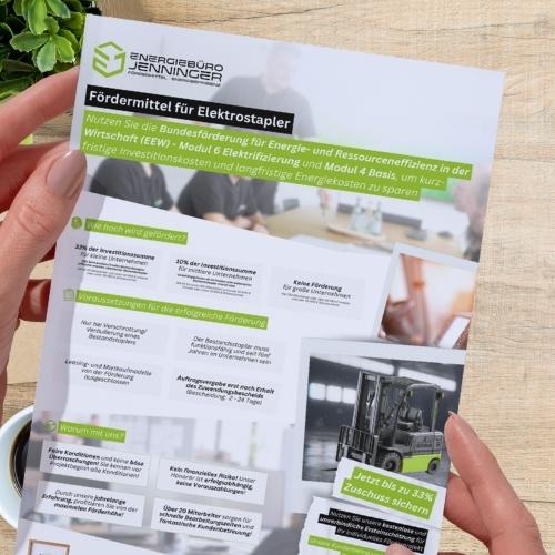Allgemeiner Flyer um die Fördermöglichkeiten für Elektrostapler plakativ zu bewerben