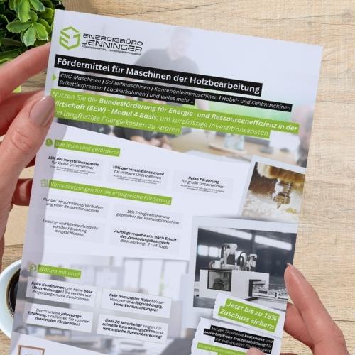 Allgemeiner Flyer um die Fördermöglichkeiten für Maschinen der Holzbearbeitung plakativ zu bewerben