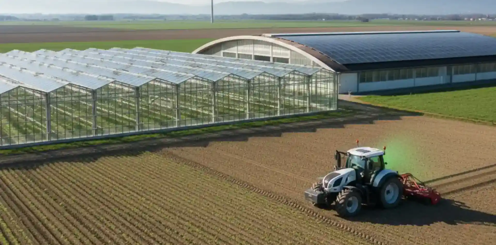 Landwirtschaftliche Nutzfläche mit Traktor und Gewächshaus im Hintergrund