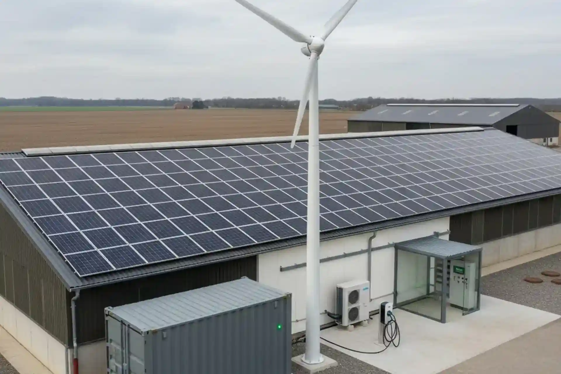 Anlagen zur Nutzung erneuerbarer Energien (im Bild: Windrad, Photovoltaik, Wärmepumpe)